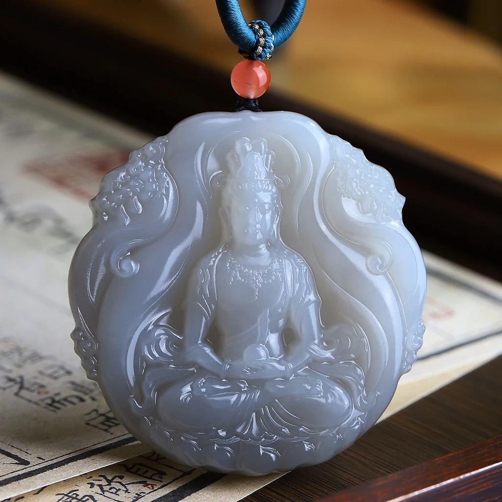 【孤品收藏】天然正宗和田玉烟紫观音圆牌吊坠手工雕刻男士
