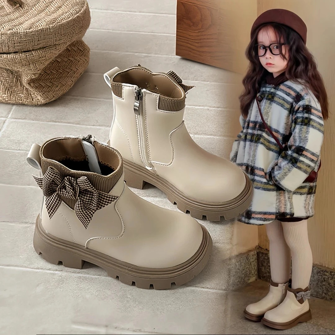 【小黄鸭正品】女童冬季新款2025儿童靴子短靴小女孩蝴蝶公主马丁靴