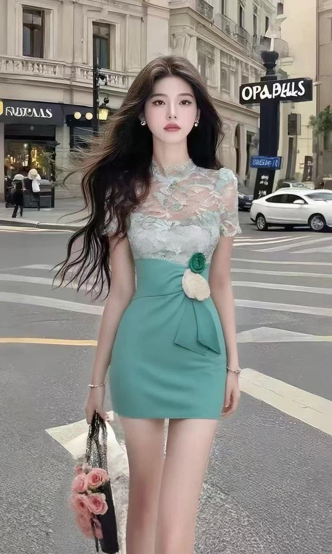 新款时尚绿色修身立领不规则短袖收腰包臀连衣裙女温柔穿搭