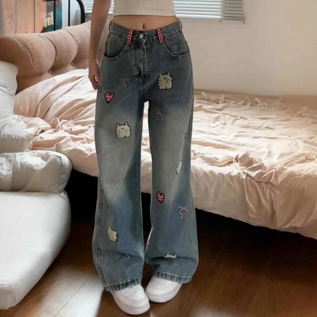 大码胖mm美式卡通刺绣阔腿牛仔裤女春季设计感宽松休闲直筒裤子潮