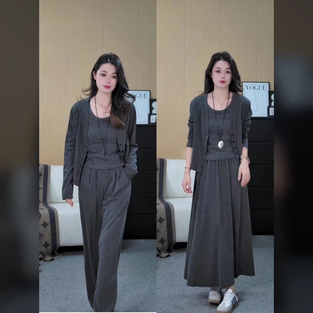 秋冬季三件套新款韩休闲套装女简约宽松气质显瘦高级半身裙套装T