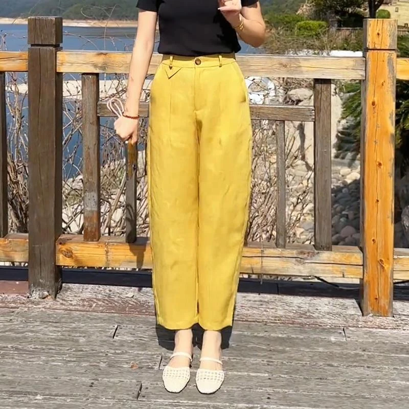 柠檬黄天丝亚麻哈伦裤女士夏季今年新款薄款高腰小个子九分休闲裤