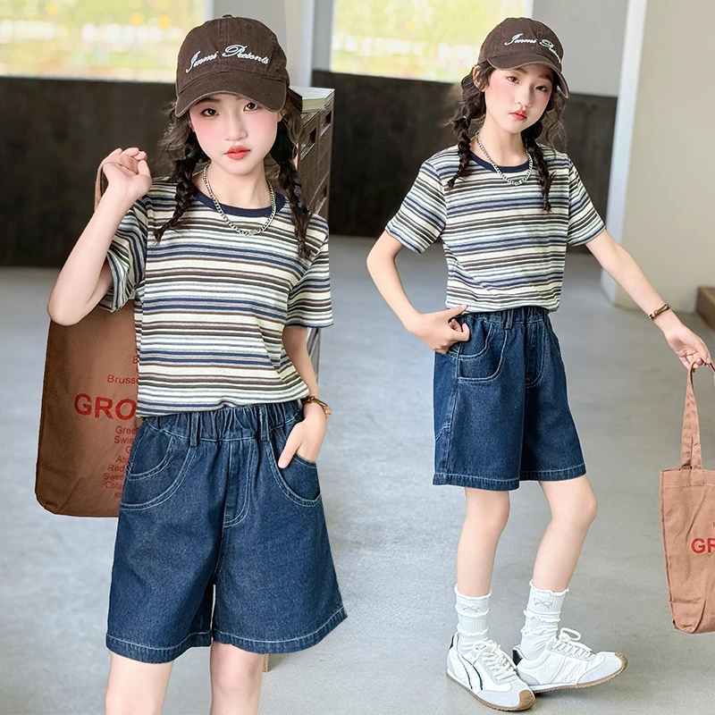 女童条纹t恤套装2025新款夏装中大童条纹短袖女孩牛仔短裤两件套