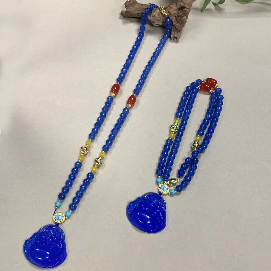 S7954【福嘟嘟】苍天之瞳蓝玛瑙佛公吊坠-配珠链-多样性只发一件