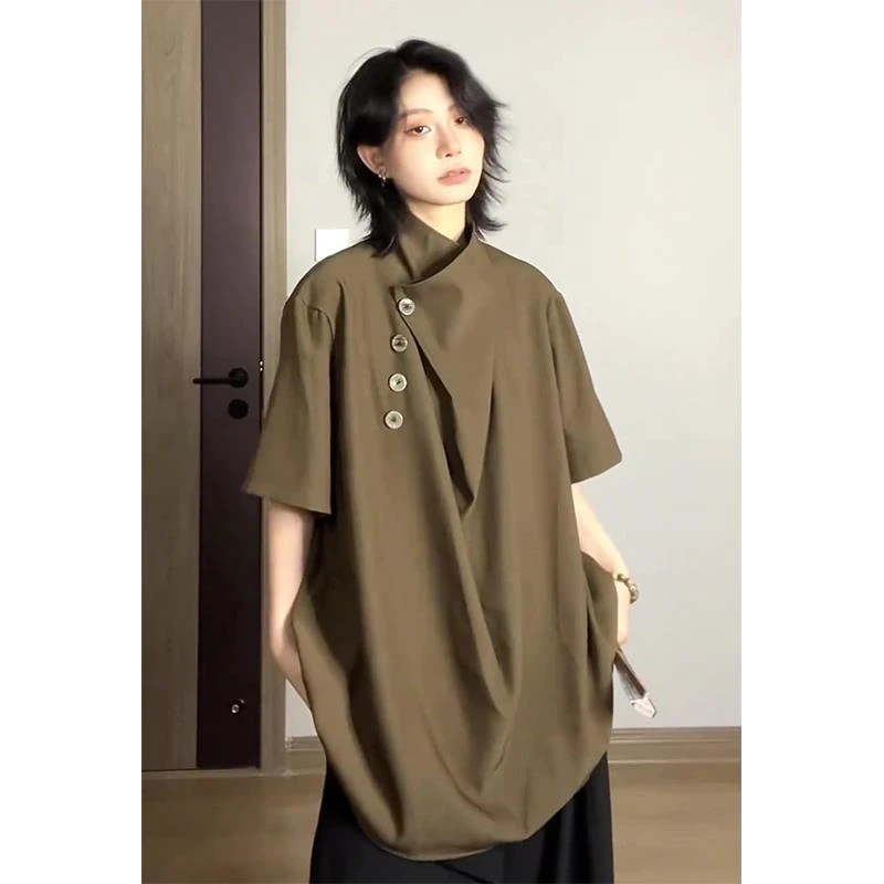 新中式山本耀司短袖衬衫男夏季不规则小众设计高级感垂感冰丝衬衣