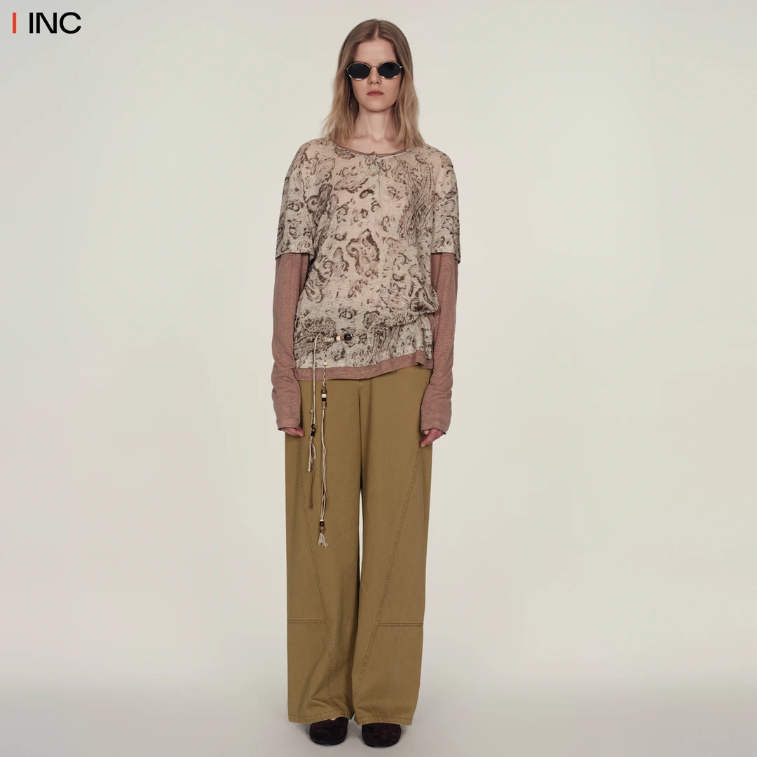 ICEDUST 印花拼接袖口T恤女25PF秋季新款撞色圆领百搭上衣IINC