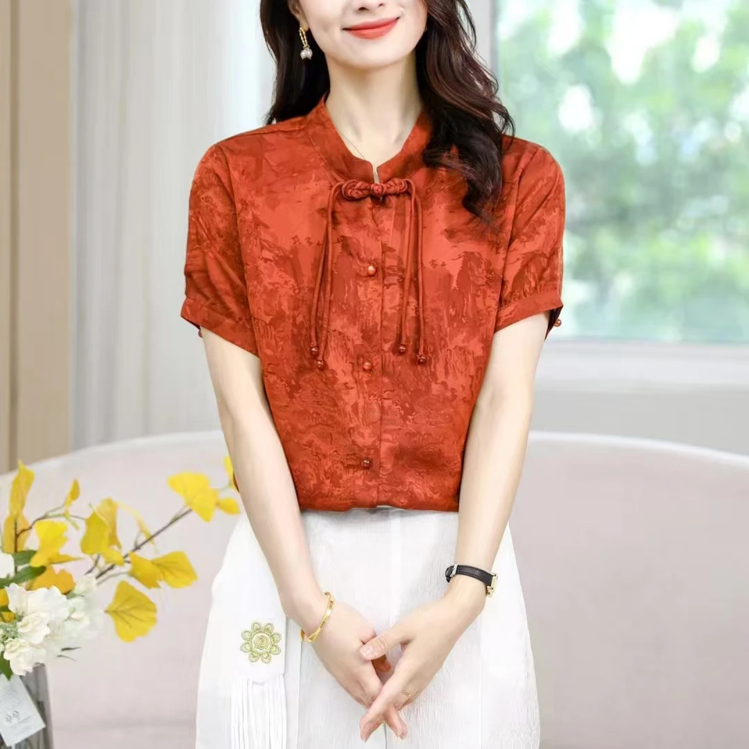 9428-提花时尚通勤上衣短袖纯色韩系复古短袖衬衫【老仓库】