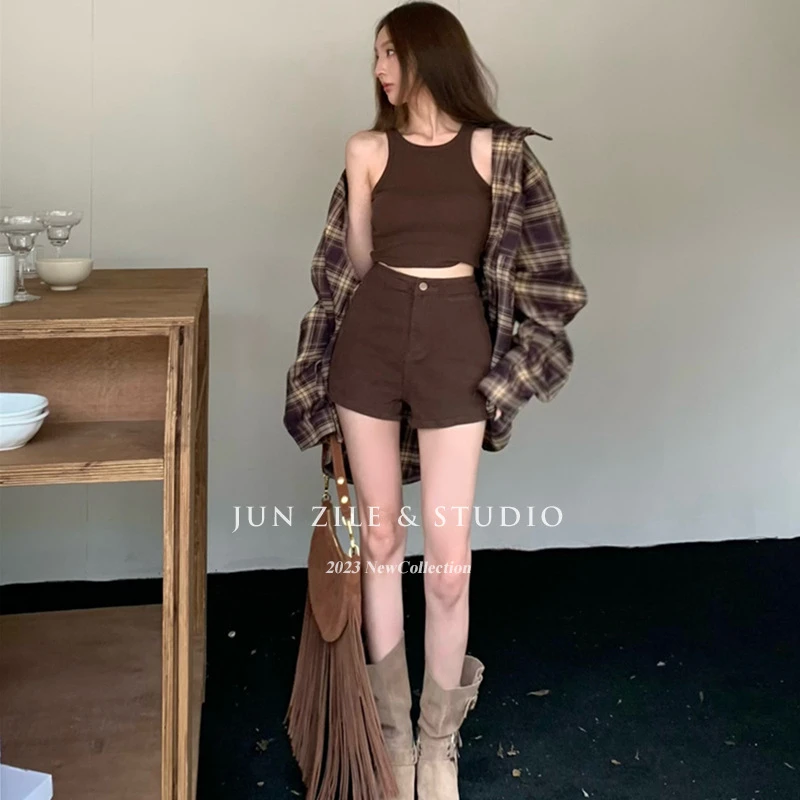 祺成美式慵懒格子衬衫女2025夏季百搭胸棉背心高腰短裤三件套女装