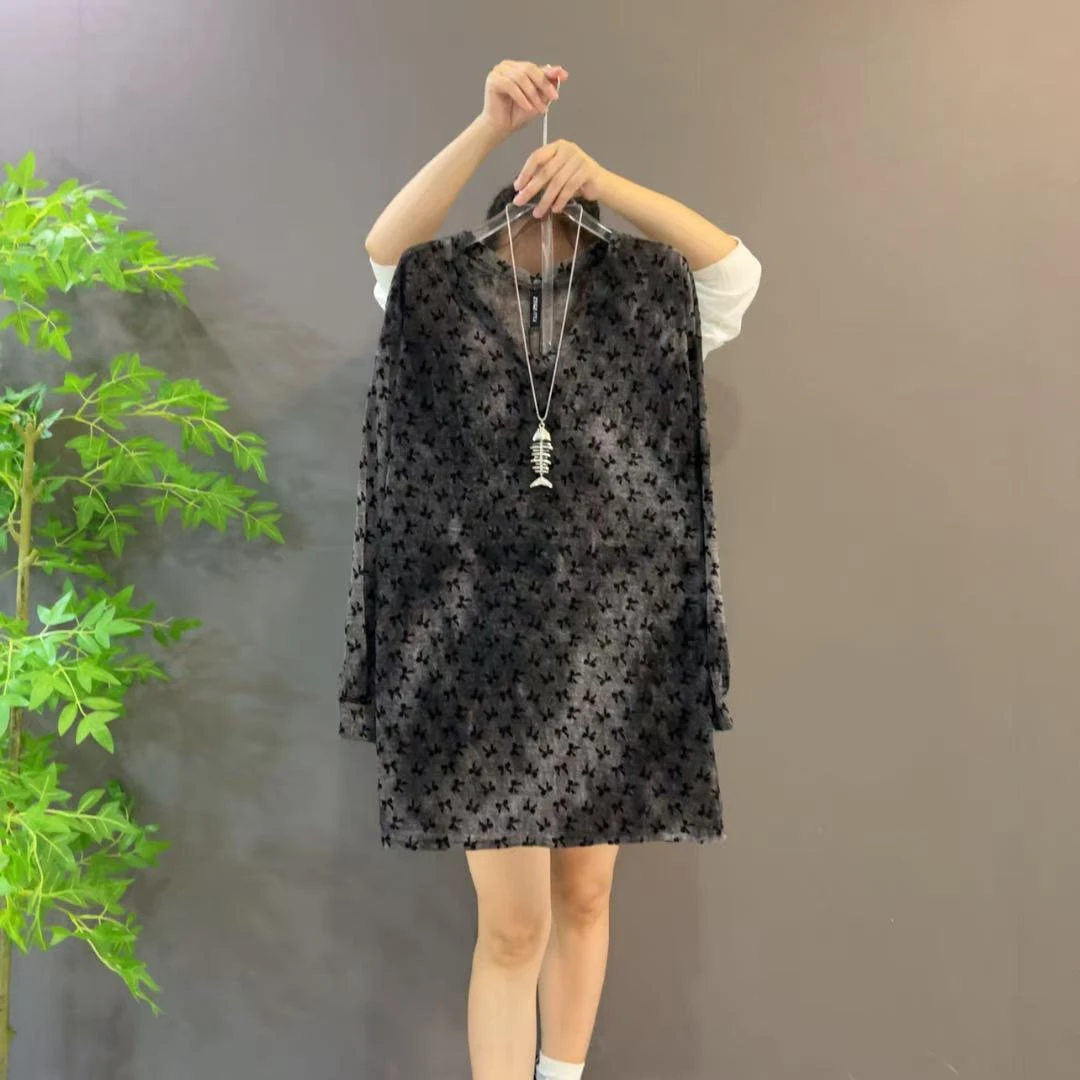 9158早秋新款设计感重工蝴蝶结V领长袖中长款开叉上衣大码T恤宽松