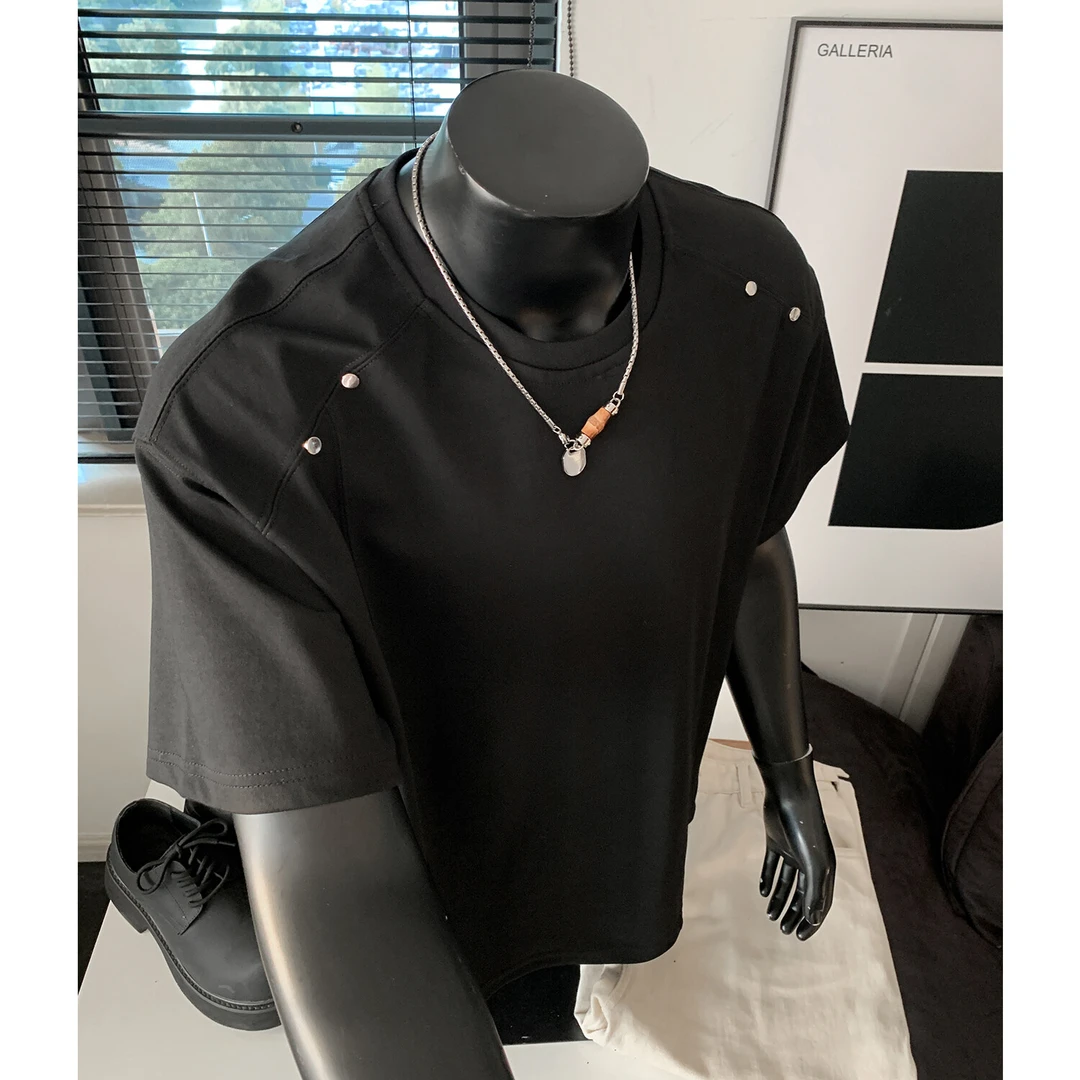 纯色铆钉正肩短袖男款夏季美式高街质感小领口T恤太空棉重磅半袖