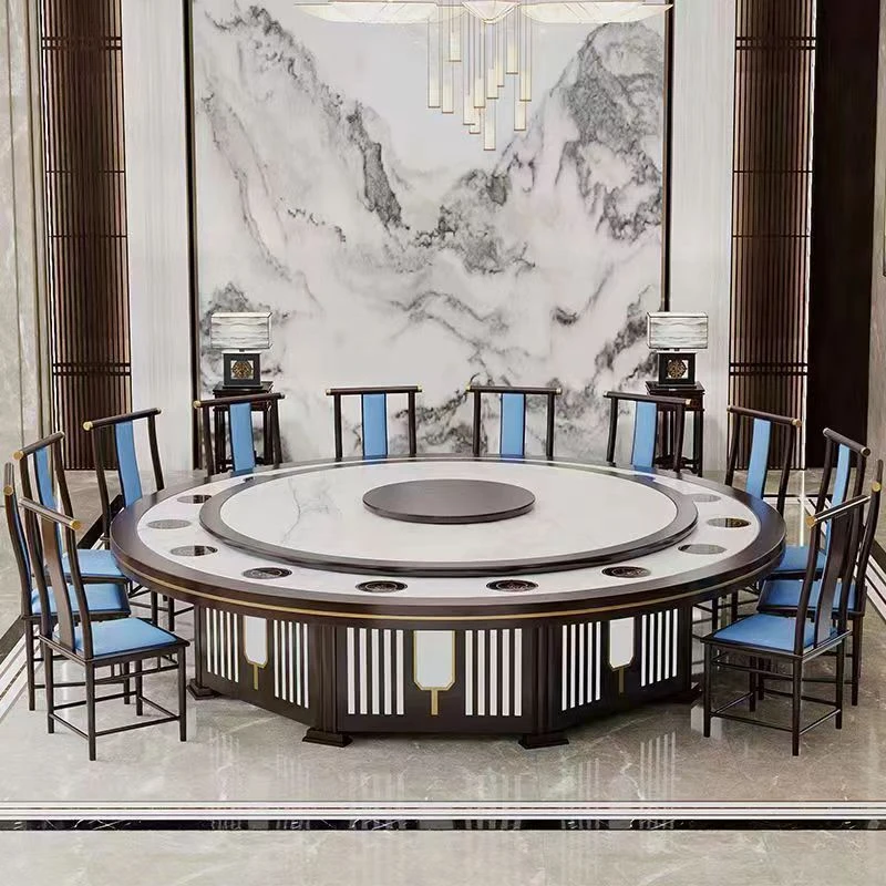 2025款新中式餐桌大圆桌饭店家用手动电动转盘圆桌带电磁炉火锅桌