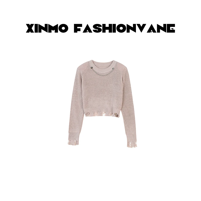 【XINMO】圆领链条设计感拉毛花边短款套头毛衣针织衫女士C24122509