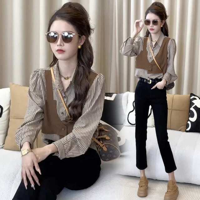 2025早春秋季新款假两件条纹春日衬衫高级感轻奢减龄洋气今年爆款