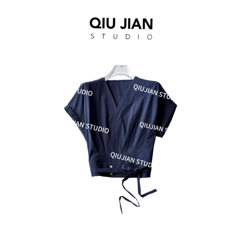 QIUJIAN【仲夏夜空】DQ-3006-034法式高级感V领短袖系腰短款衬衫