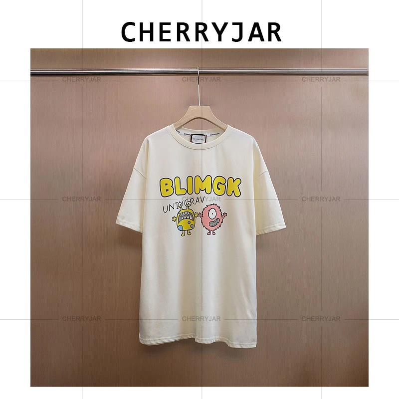 Cherryjar【25902】夏季休闲卡通小怪兽印花字母宽松短袖设计师