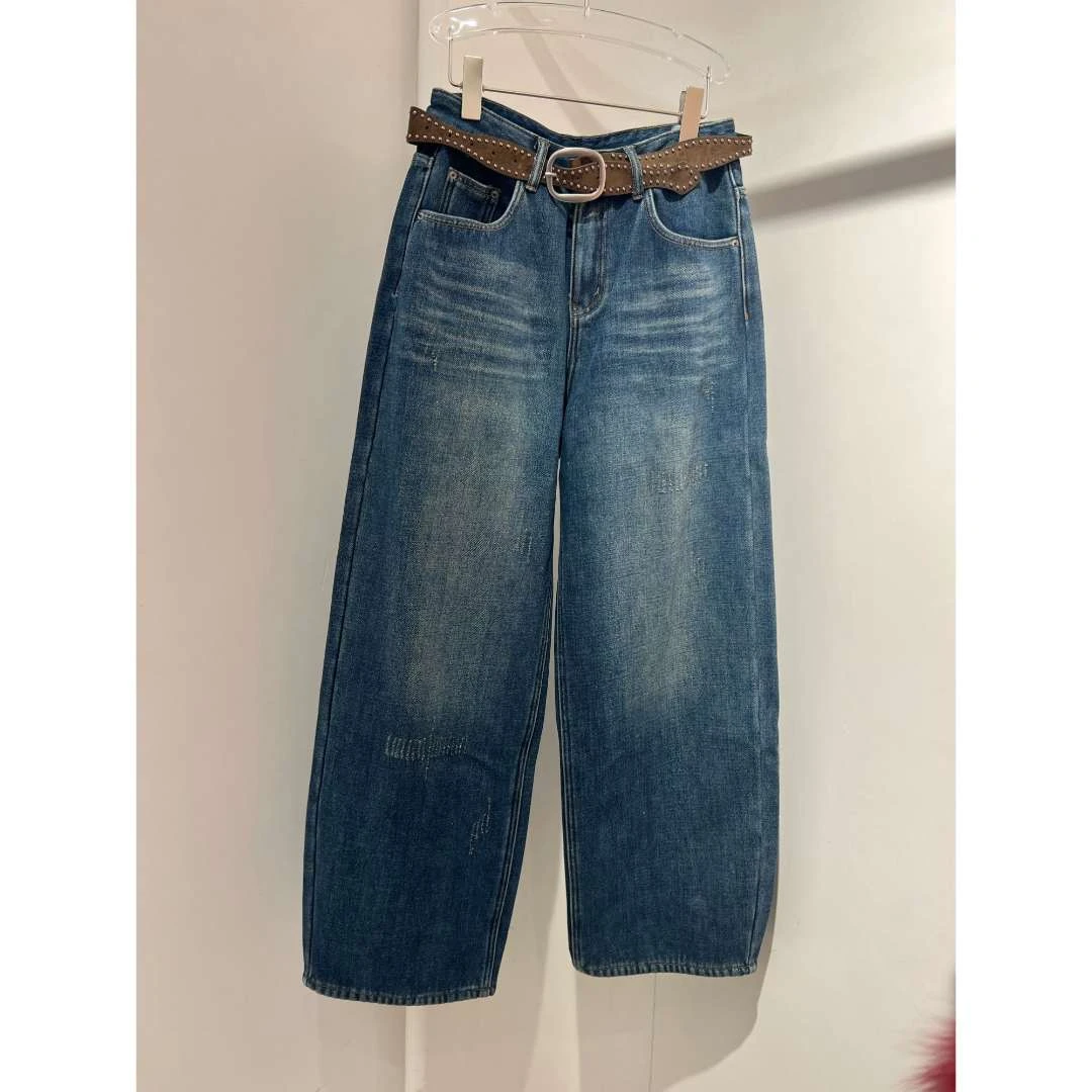 YIYI  2025冬款时尚新品 时尚高腰亮闪满天星加绒宽松阔腿牛仔裤