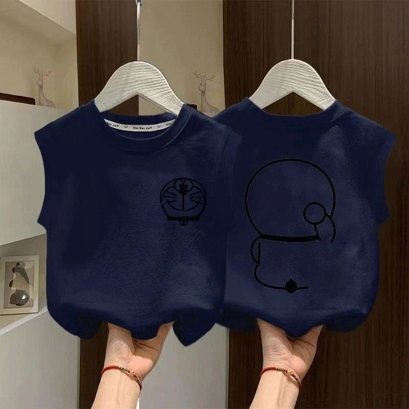 儿童卡通哆啦A梦圆领背心男女童夏季新款纯棉坎肩中大童宽松上衣t