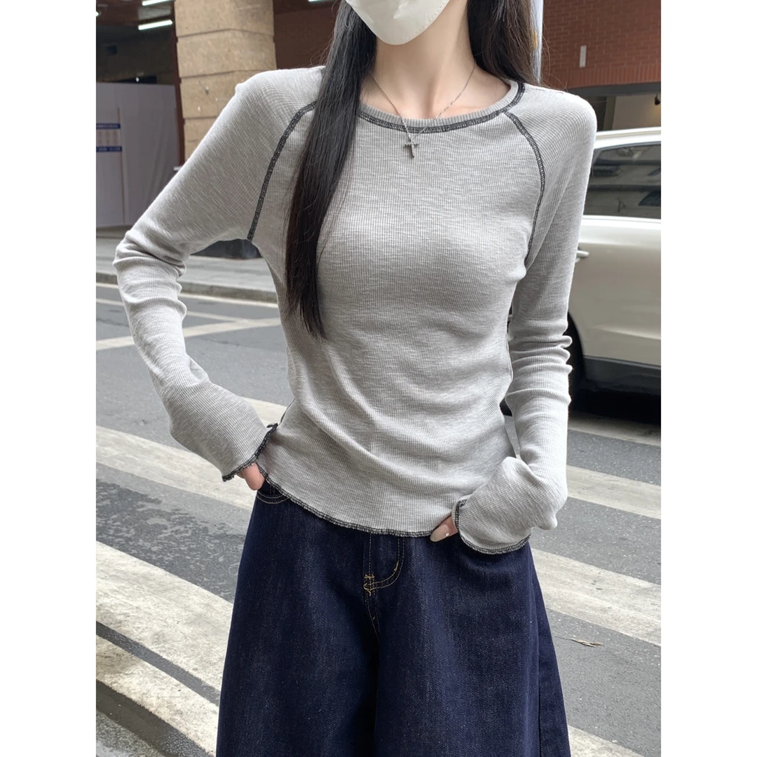 韩版圆领插肩反线木耳边设计感长袖冬季女装内女款小女士中袖t恤