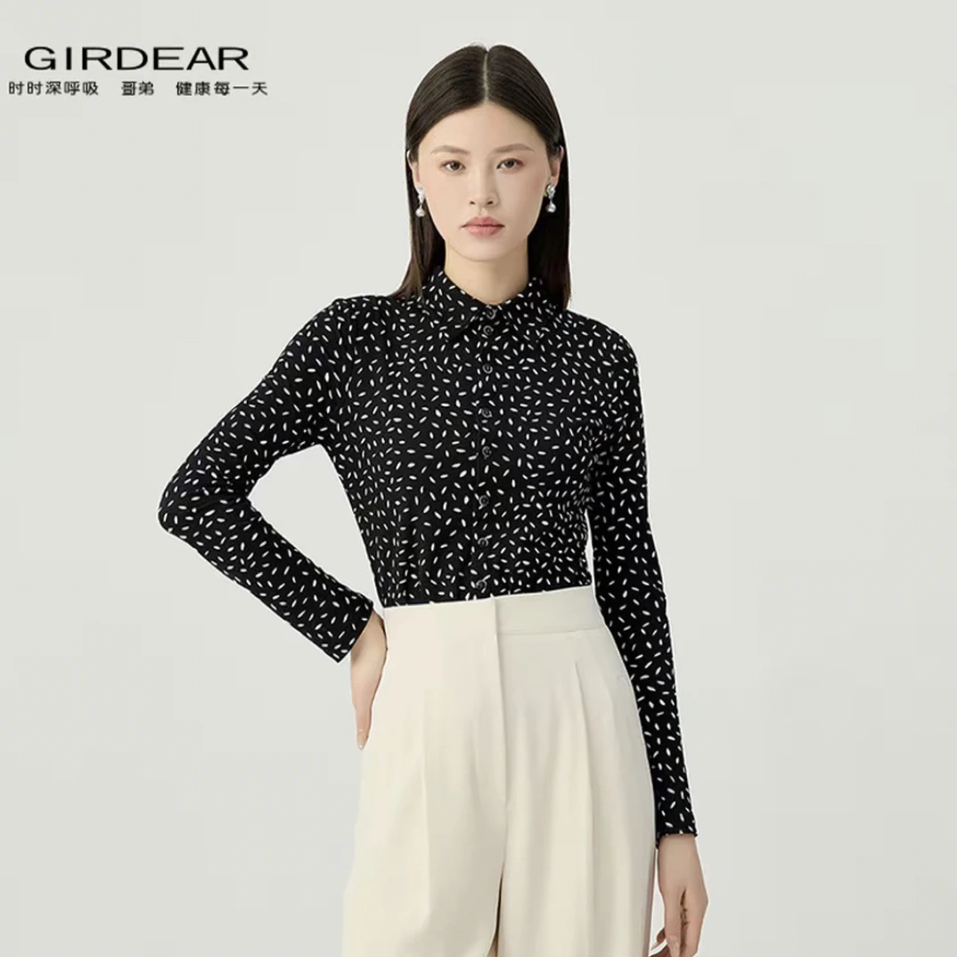 GIRDEAR/哥弟新款女士弹力修身欧纱气质印花显瘦长袖衬衫1300782