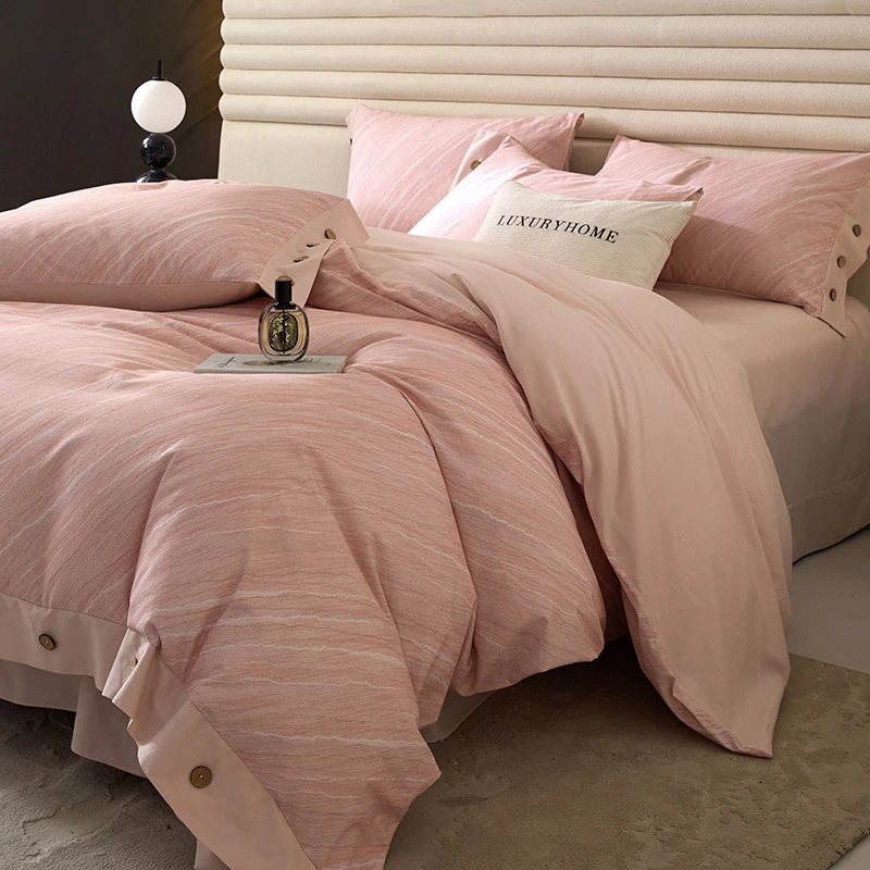 秋冬加厚纯棉100%棉轻奢现代风格条纹简约纽扣款床单床笠款四件套