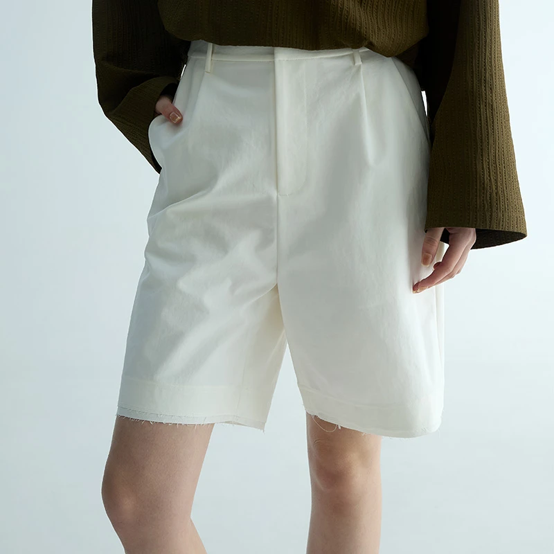 CBZIZI休闲裤毛边拼接外穿弹力短裤高腰白色直筒百搭夏季薄款宽松