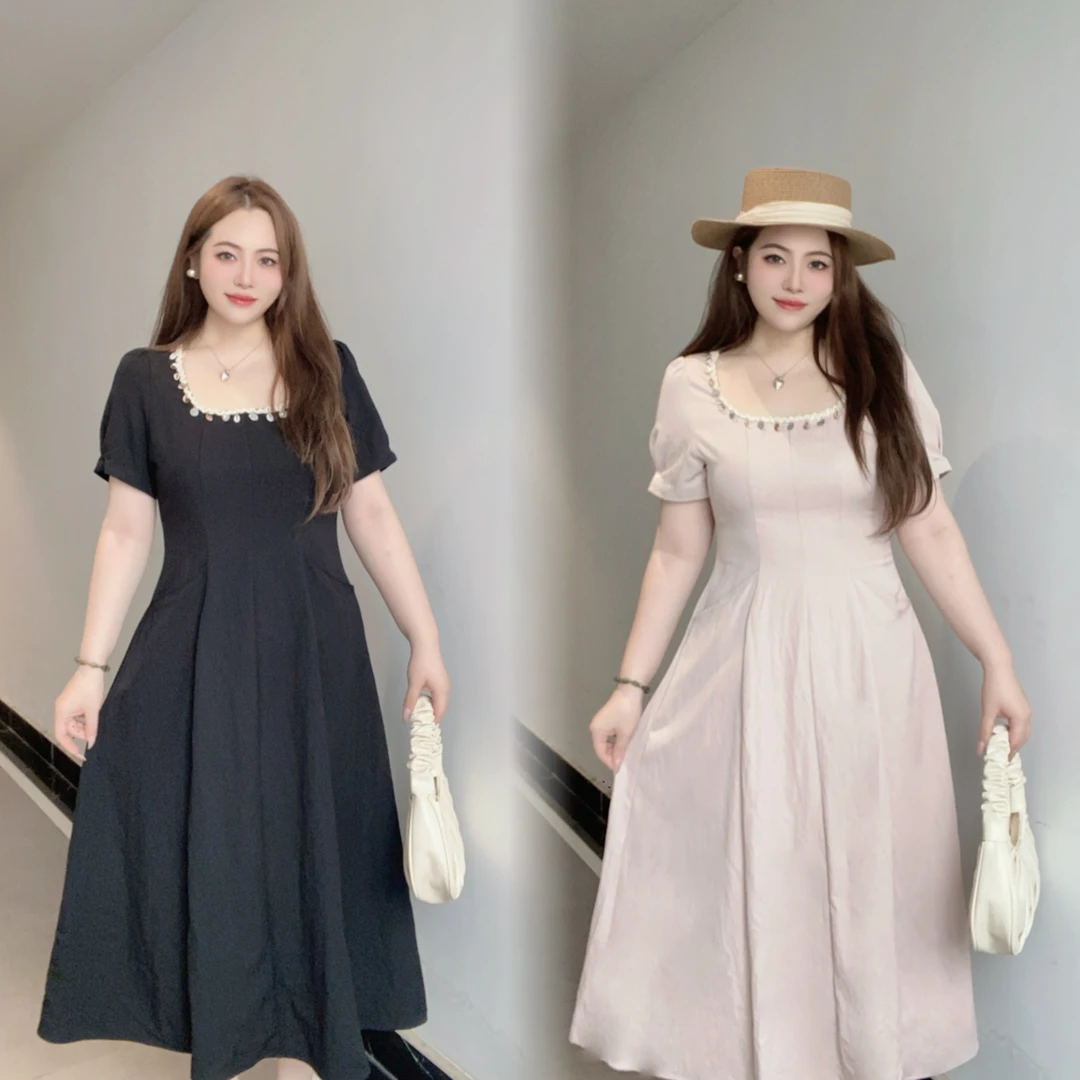 《蓝蓝》法式优雅气质连衣裙女2025夏季新款贝壳收腰中长裙242252