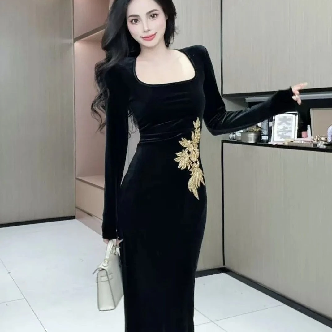 长裙秋冬复古包臀裙旗袍秋季性感裙子中长裙长袖连衣裙显瘦收腰