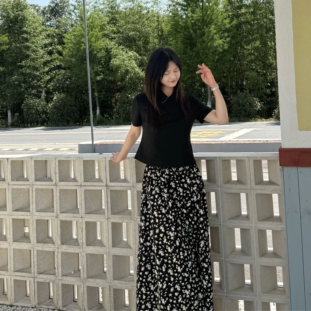 【花与佳人】黑色国风上衣碎花裙套装气质新中式套装可单买