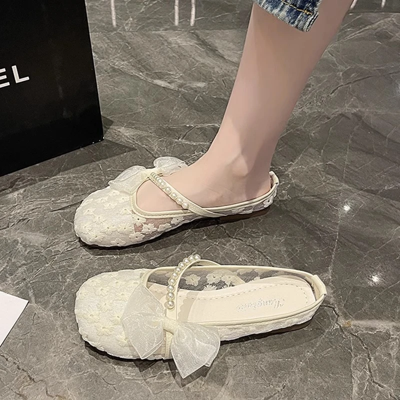 透气蕾丝网面孕妇鞋2025夏季透气平底豆豆渔夫鞋仙女配裙子单鞋女