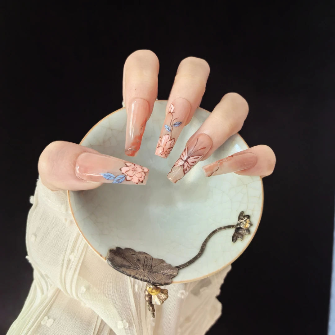 【蛱蝶寻芳】国风手绘日常显白出街裸色超好看穿戴甲