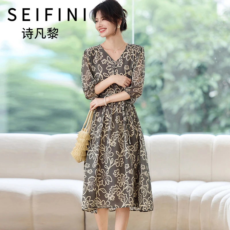 SEIFINI/诗凡黎折扣女装法式提花连衣裙通勤优雅长裙小个子裙子潮