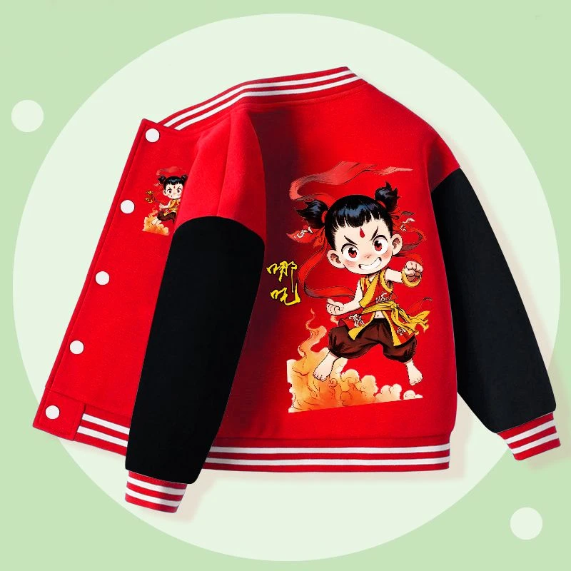 红色加绒小童哪吒2025儿童春秋外套男童早春棒球服男孩洋气卡通炸