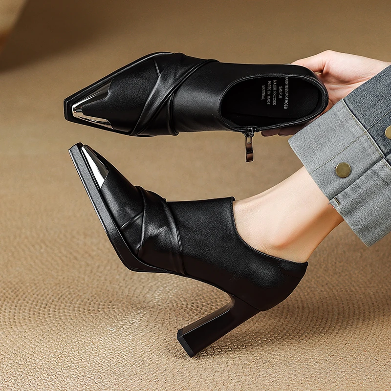 8.5cm法式防水台金属头高跟鞋百搭细跟深口单鞋真皮时尚职业女鞋