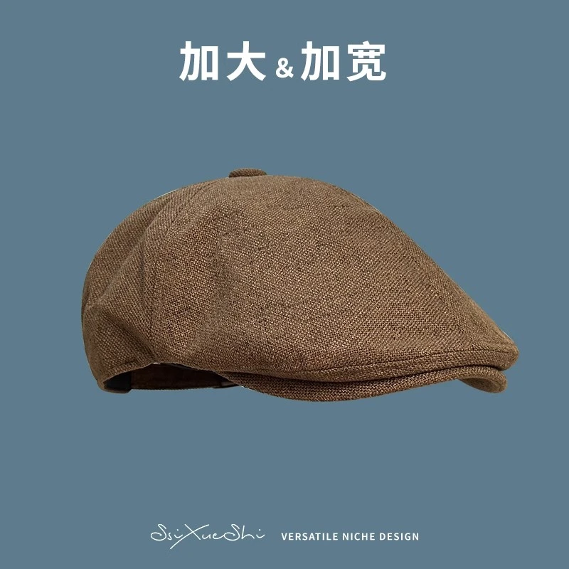 前进帽男大头围贝雷帽方圆脸显脸小棉麻日系文艺反戴鸭舌帽男B24