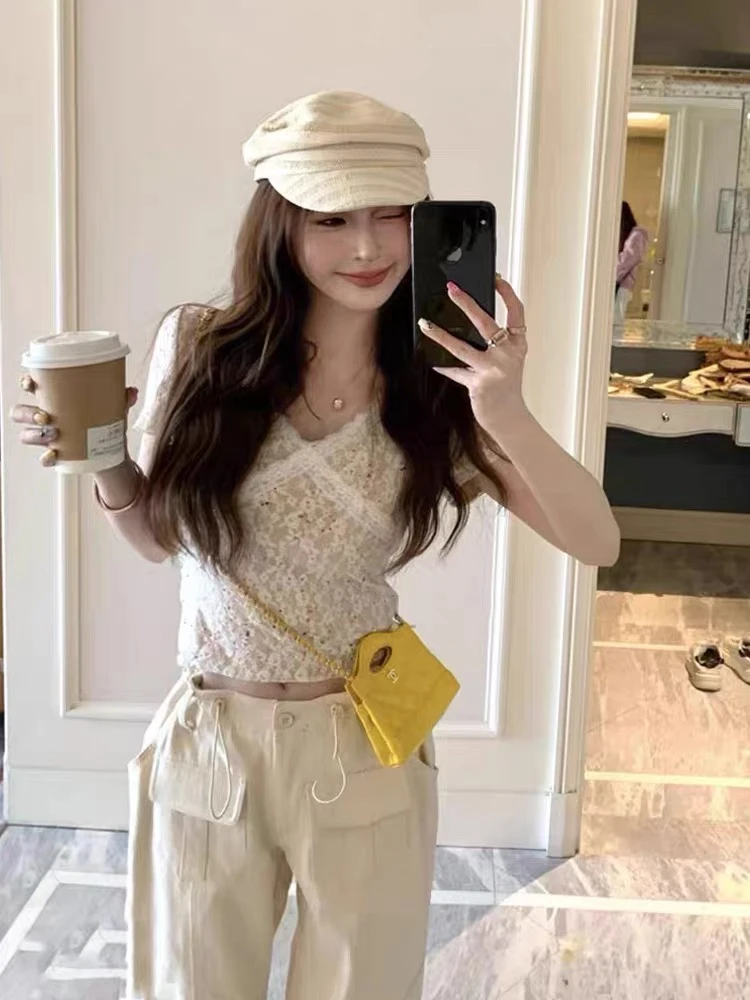 8280-1夏季新款韩系辣妹修身显瘦V领洋气时尚百搭短款短袖T恤上衣