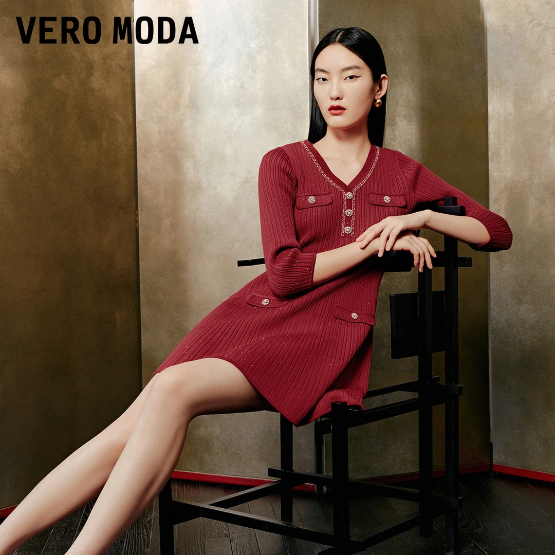 Vero Moda商场同款连衣裙气质领金属链条亮片针织流光风325146007