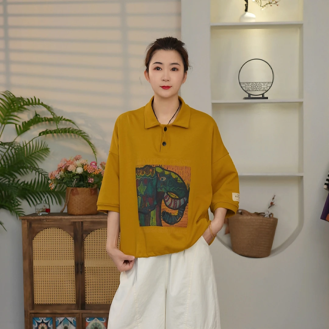 春夏季新款休闲百搭POLO领时尚百搭五分袖印花短袖T恤