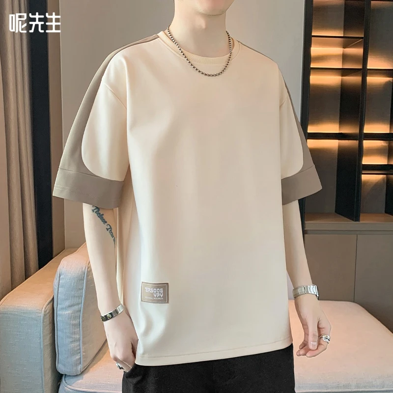 短袖t恤男夏季拼接设计感潮流休闲百搭加肥加大宽松圆领五分袖T恤