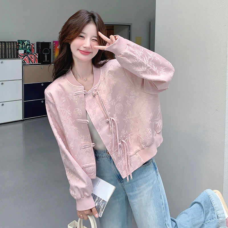 粉色提花新中式外套女春秋款2025气质温柔独特超好看盘扣短款上衣