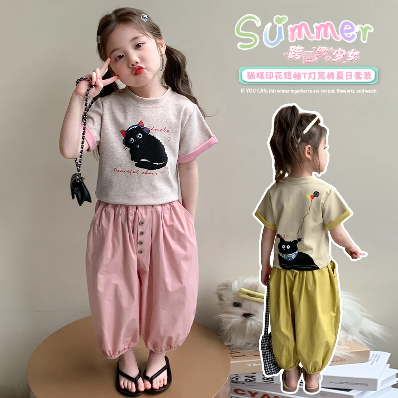 女宝夏装套装2025新款短袖休闲裤两件套儿童休闲薄款韩版卡通夏季