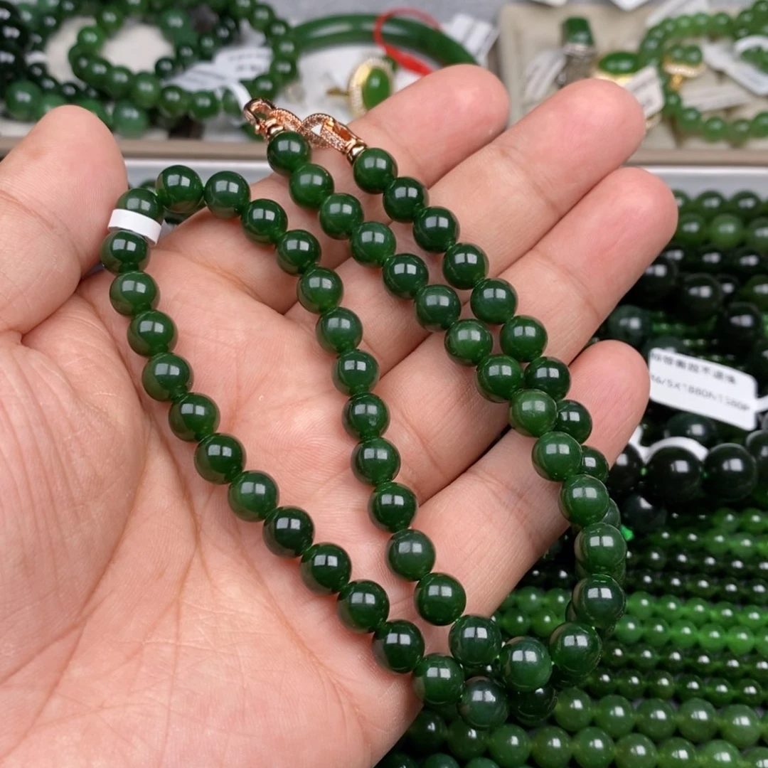 项链未镶嵌和田玉（碧玉）8mm高货菠菜绿