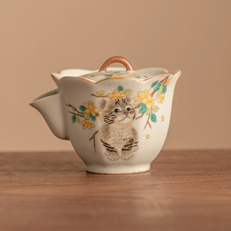 手绘黄花萌猫汝窑茶壶单壶中式高档功夫茶具泡茶家用手抓壶可开片