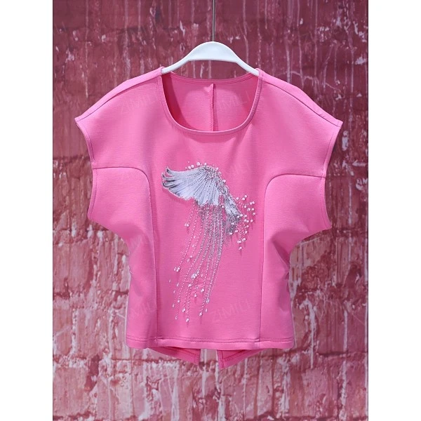 【韩哥女装】莲花粉钉珠束腰时尚休闲短袖T恤衫9561