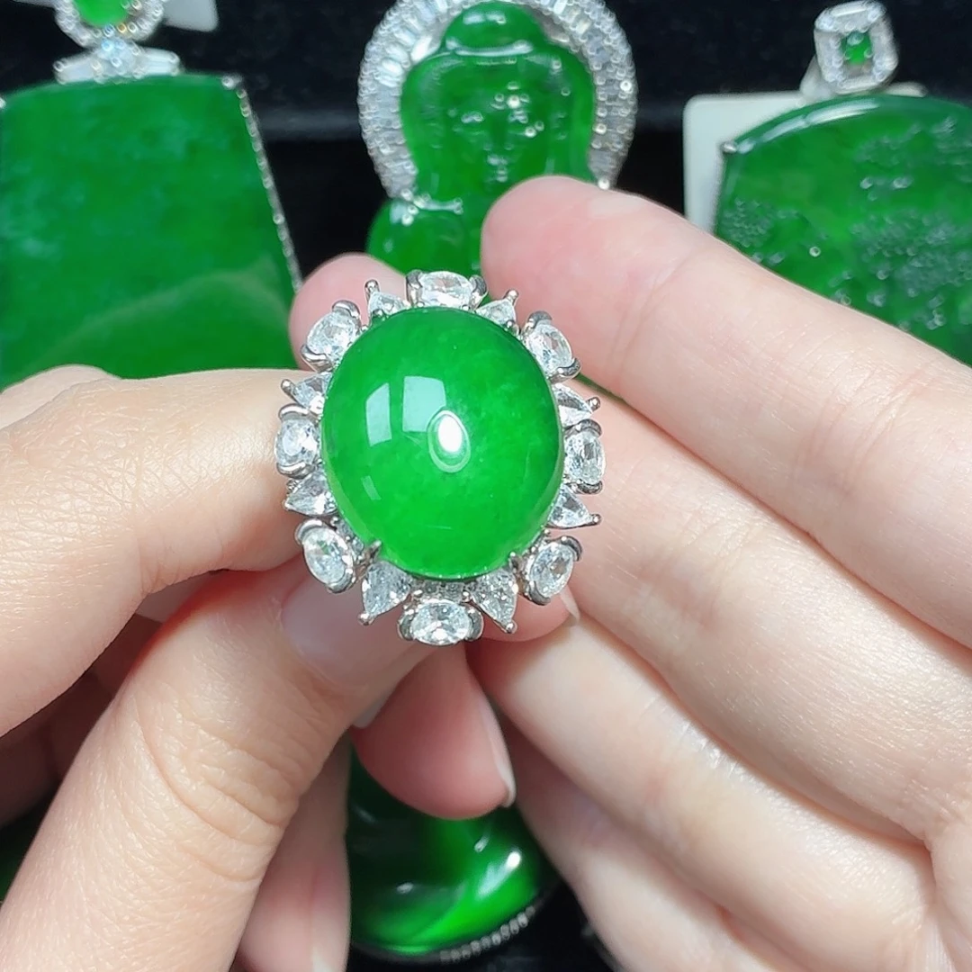 翡翠银S925镶嵌戒指天然A货翡翠