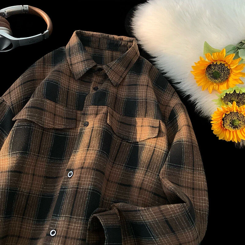 复古格子衬衫男高街vibe宽松百搭翻领长袖衬衣美式休闲帅气上衣服