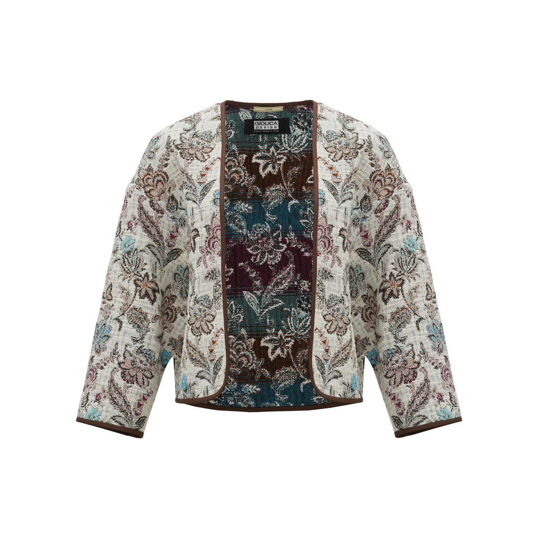 LYNEE【金标系列】繁花意大利进口色织复古落肩无领外套 LGD2EAW068