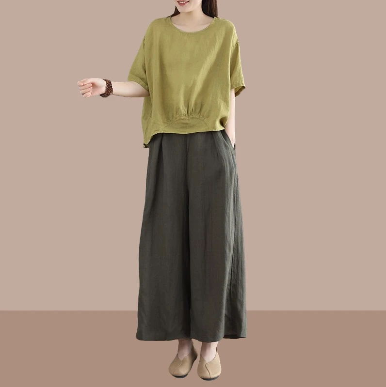 2025年夏季时尚新款阔腿高端亚麻两件套复古妈妈民族风套装女装