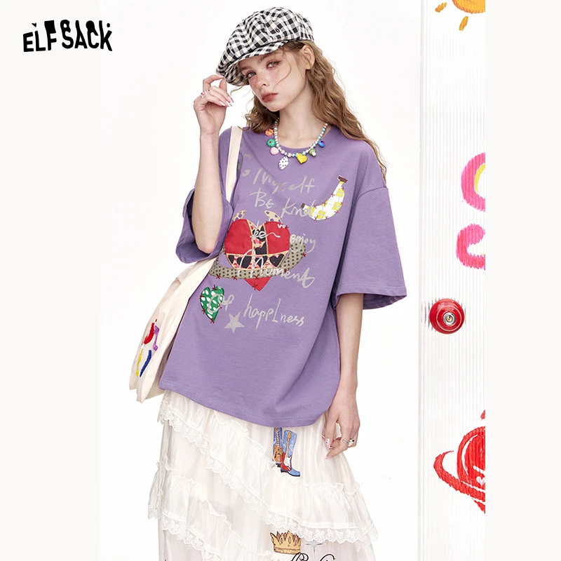 妖精的口袋恶魔角爱心印花短袖t恤女重工宽松休闲上衣25205072