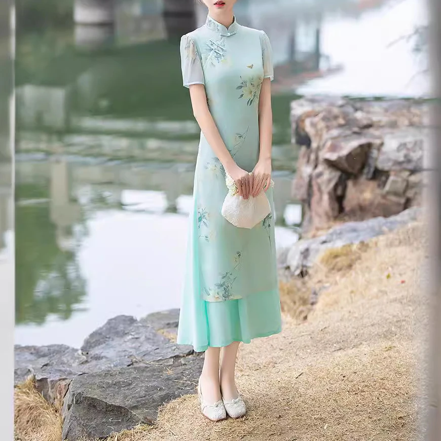 春夏新款优雅奥黛款改良旗袍气质高端中国风文艺显瘦时尚复古气质
