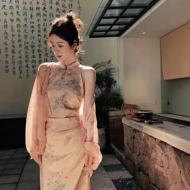 夏季改良旗袍少女感露肩显瘦披肩套装浅色系时尚短袖外套纯欲气质